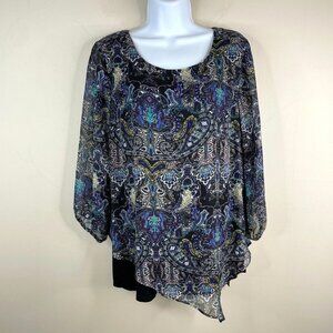 Alyx Womens Pullover PONCHO Top Sz M Multicolor Sheer Overlay Knit Puff Sleeve